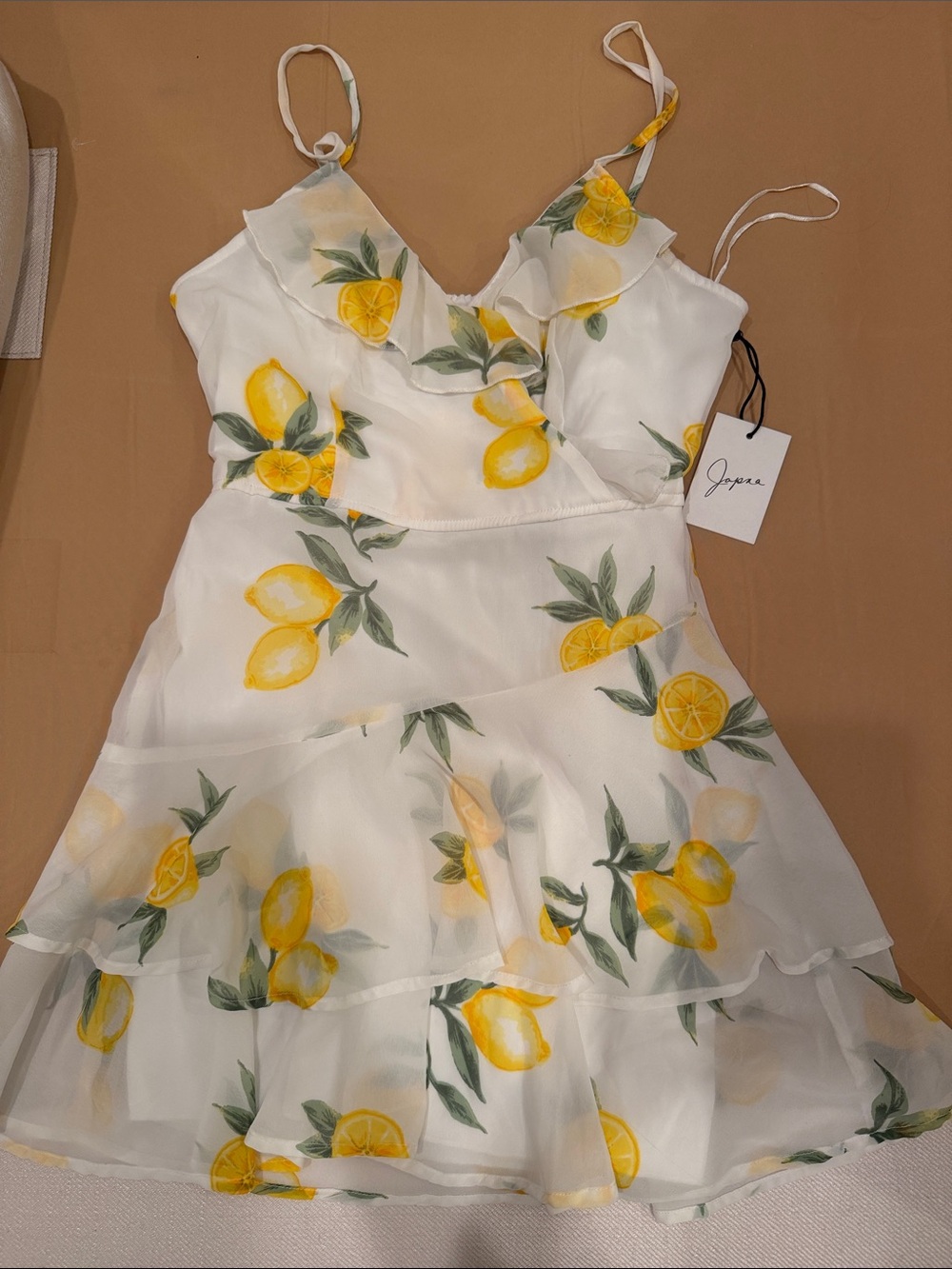 White Lemon Print Ruffle Lined Mini Dress Size M - Brand New with Tags